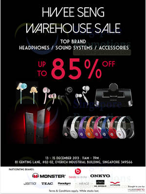Featured image for (EXPIRED) Hwee Seng (Beats, Monster, Onkyo, etc) Warehouse SALE 13 – 15 Dec 2013