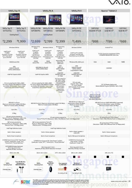 Notebooks, Tablets, Vaio Tap 11 SVT11217CG, SVT11215CG, SVF13N15CG, SVF15319PG, SGP321A2, SGP312A2, SGP311A2