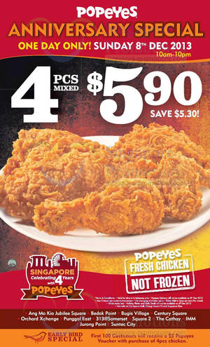 Featured image for (EXPIRED) Popeyes $5.90 4pcs Chicken ONE Day Anniversary Promo 8 Dec 2013