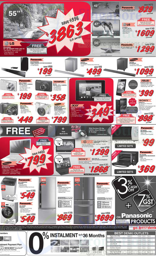 TVs, Home Theatre System, Digital Cameras, Notebooks, Desktop PCs, Washers, LG, Panasonic, Acer, Asus, HP, Sony, Olympus