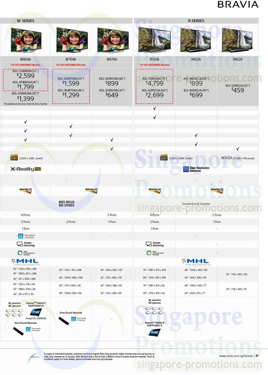 TVs KDL-55W804A, KDL-47W804A, KDL-42W804A, KDL-50W704A, KDL-46W704A, KDL-42W674A, KDL-32W674A, KDL-70R550A, KDL-60R550A, KLV-46R452A, KLV-40R452A