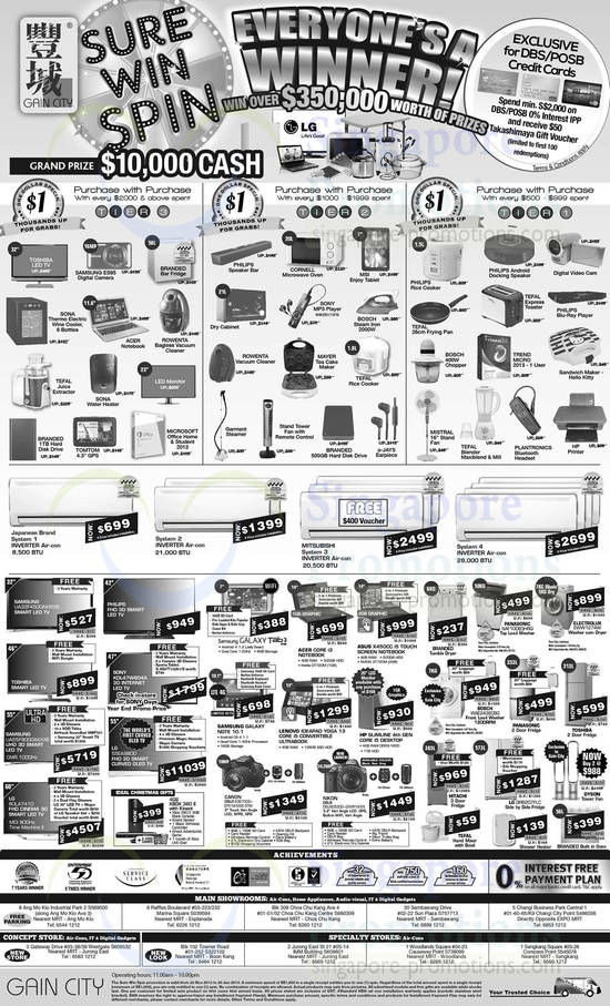 TVs, Tablets, Washers, Notebooks, DSLRs, Fridges, Samsung, LG, Sony, Asus, Panasonic, Electrolux, Canon