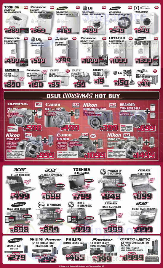 Washers, Fridges, Ovens, Digital Cameras, DSLRs, Notebooks, Home Theatre Systems, Toshiba, Panasonic, Samsung, LG, Mitsubishi Electric, Nikon, Canon