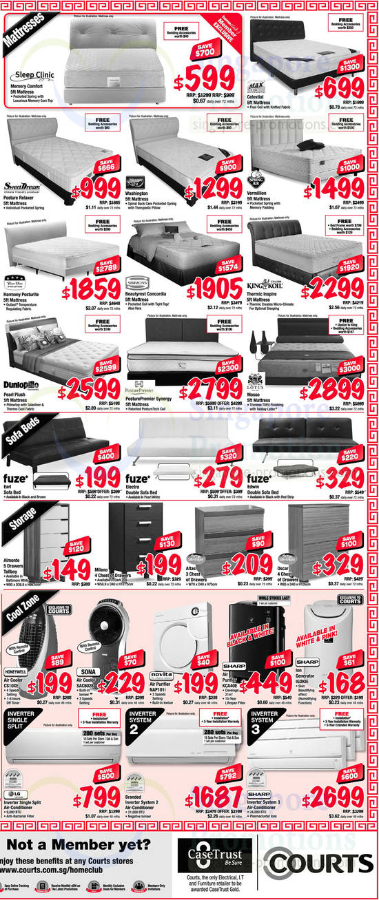 18 Jan Mattresses, Air Cooling Appliances, Sweet Dream, Four Star, Simmons, King Koil, Dunlopillo, Fuze, Sona, Sharp, Novita