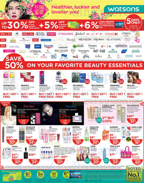 Buy 1 Get 1 Free, Save up to 30 Percent Off, Bio Essence, Revlon, Skinbiotics, Garnier, Loreal, Majolica Majorca