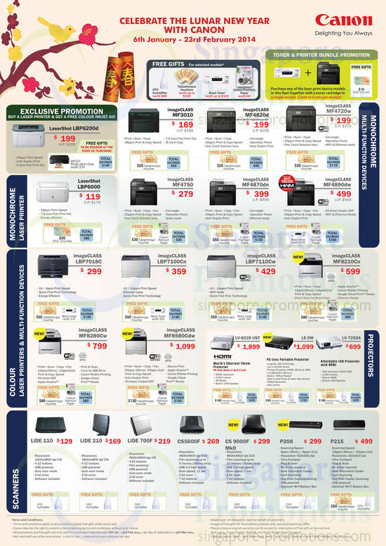 Laser imageClass Printers, Projectors, Lide Scanners, MF4890dw, LBP6000, LBP7018C, LBP7100Cn, LBP7110CW, LV-8235 UST, CS5600F