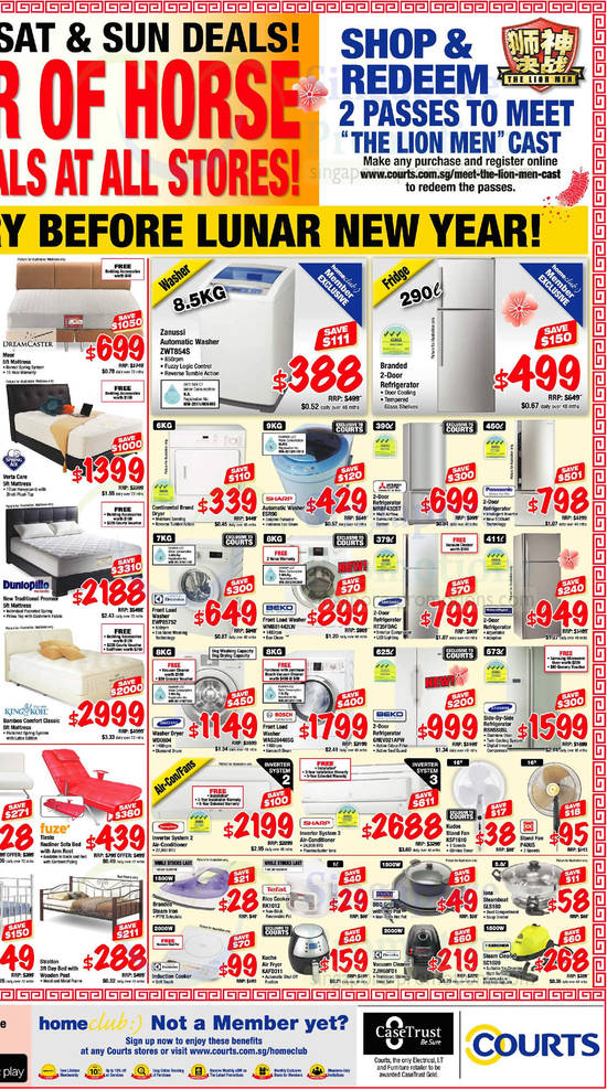 Mattresses, Sofa Bed, Washers, Fridges, Fans, Rice Cooker, Steamboat, Vacuum Cleaners, Dreamcaster