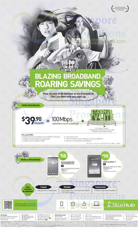 100Mbps 39.90 Fibre Cable Broadband, TV Lite, Samsung Galaxy Tab 3 7.0, ASUS Fonepad 7