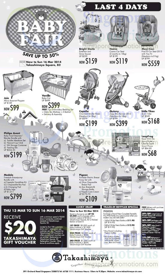 13 Mar Baby Carseats, Strollers, Bright Starts, Nania, Maxi-Cosi, Vanilla, Capella, Quinny, Little Tikes
