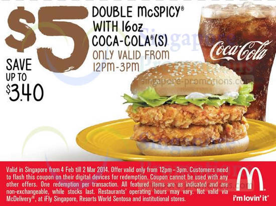 5.00 Double McSpicy with 16oz Coca-Cola (12pm – 3pm)