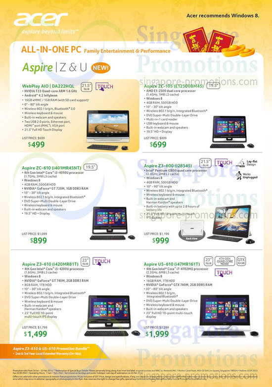 All-in-One Desktop PCs Aspire DA222HQL, ZC-105 E12500BM45, ZC-610 i401MR45NT, Z3-600 J28545, Z3-610 i420MR81T, U5-610 i47MR161T