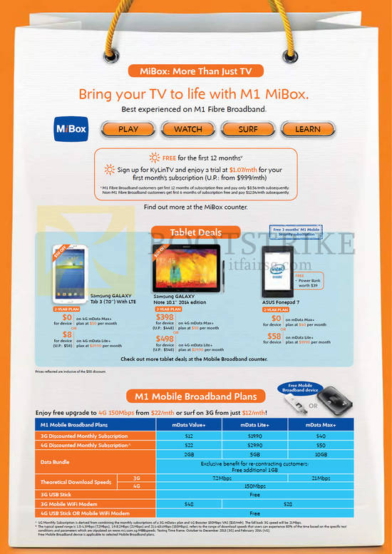 MiBox, Tablets Samsung Galaxy Tab 3, Note 10.1 2014 Edition, ASUS Fonepad 7, Plans mData Value Lite Max