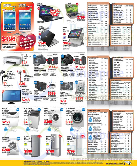 Notebooks, Digital Cameras, Washers, Fridges, Lenovo, Acer, Asus, Canon, Nikon, Fujifilm, Panasonic, Toshiba