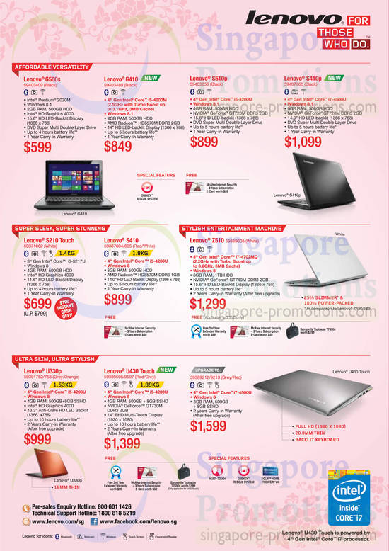 Notebooks G500s, G410, S510p, S410p, S210 Touch, S410, Z510, U330p, U430 Touch