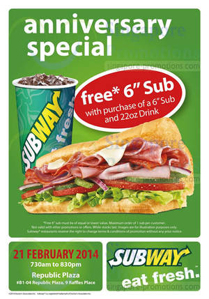 Featured image for (EXPIRED) Subway Buy 1 Get 1 FREE (BOGO) Sub Promotion @ Republic Plaza 21 Feb 2014