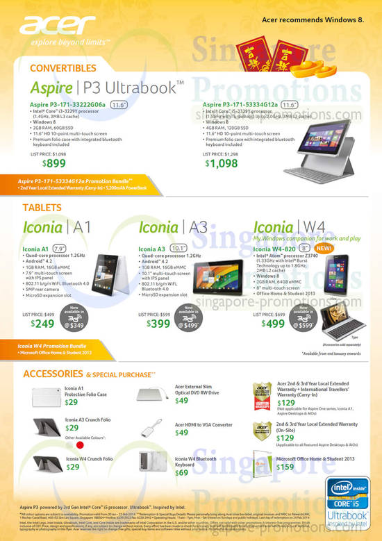 Tablet, Aspire Notebooks P3-171-33222G06a, P3-171-53334G12a, Iconia A1, A3, W4-820