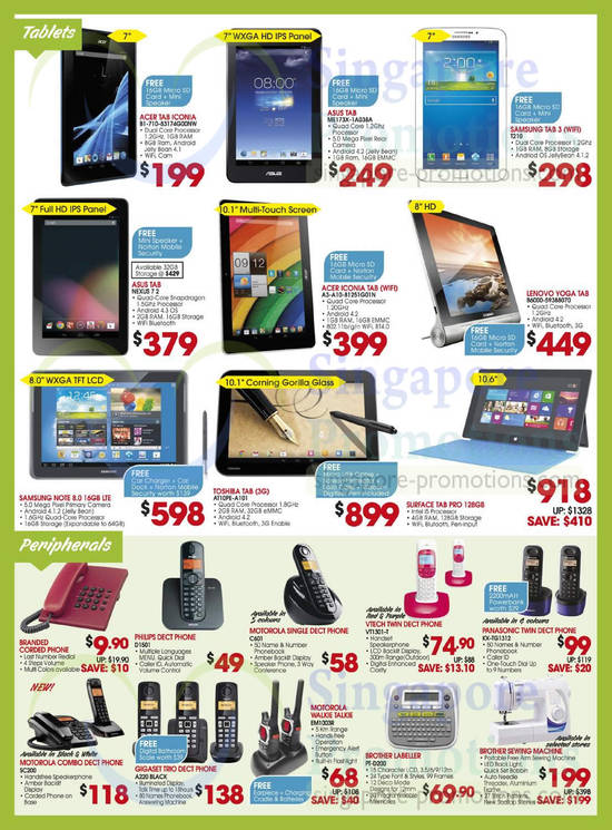 Tablets, Telephones, Acer, Asus, Samsung, Lenovo, Toshiba, Microsoft, Philips, Motorola, Panasonic, Brother