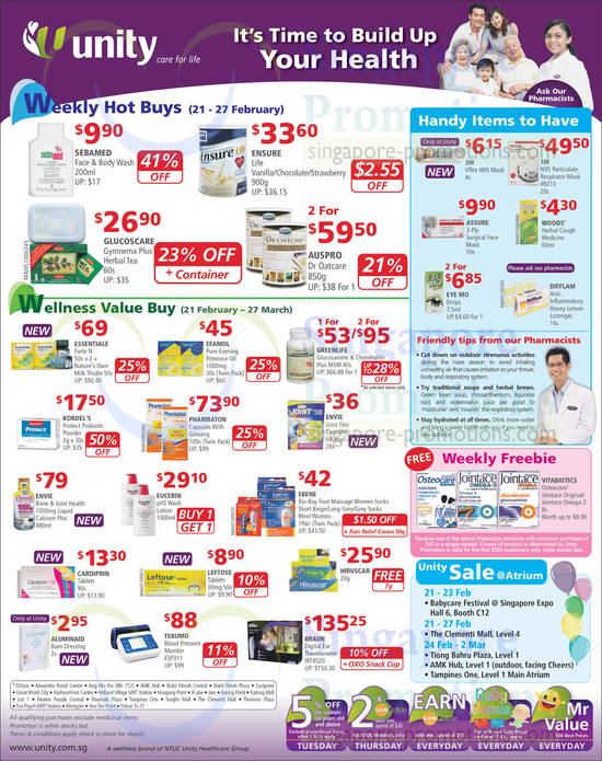 Weekly Hot Buys, Weekly Freebie, Value Buys, Ensure, Auspro, Essentiale Forte N, Efamol, Greenlife, Pharmaton, Envie, Braun, Terumo