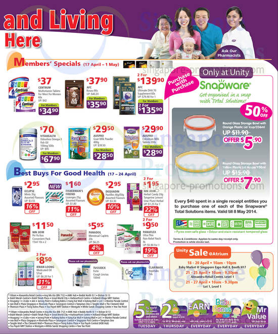 18 Apr Member Specials, Best Buys for Good Health, Purchase with Purchase Snapware, Vitahealth, Centrum, Auspro