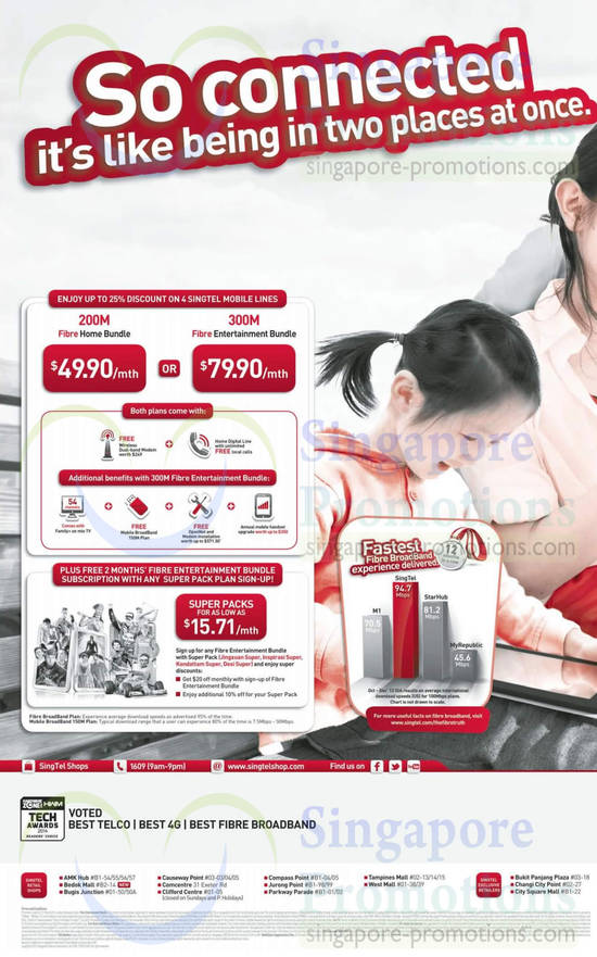 200Mbps Fibre Home 49.90, 300Mbps Fibre Entertainment 79.90, 25 Percent Discount on 4 Singtel Mobile Lines