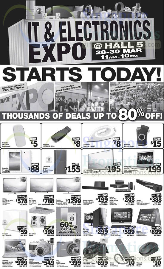 28 Mar Up To 80 Percent Off Offers, TVs, Notebook, Home Theatre Systems, Digital Cameras, Washer, Steam Iron, Fridge