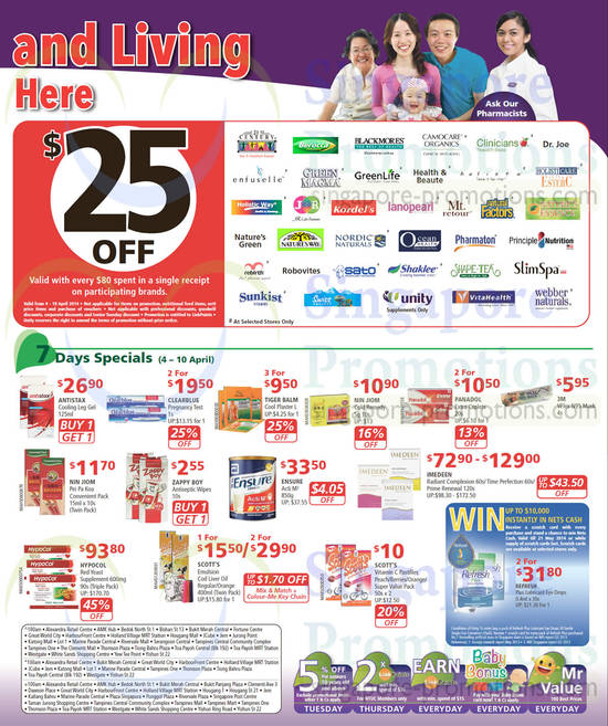 4 Apr 25 Dollar Off Selected Brands, 7 Day Specials Health Care, Antistax, Ensure, Hypocol, Scotts, Imedeen, Zappy Boy, Panadol