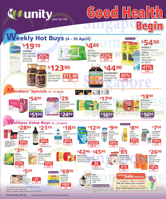 4 Apr Weekly Hot Buys, Wellness Value Buys, Body Care, AFC, Kordels, Borsch Med, New Moon, Redoxon, Huiji, Blackmores, Dettol, Sukin