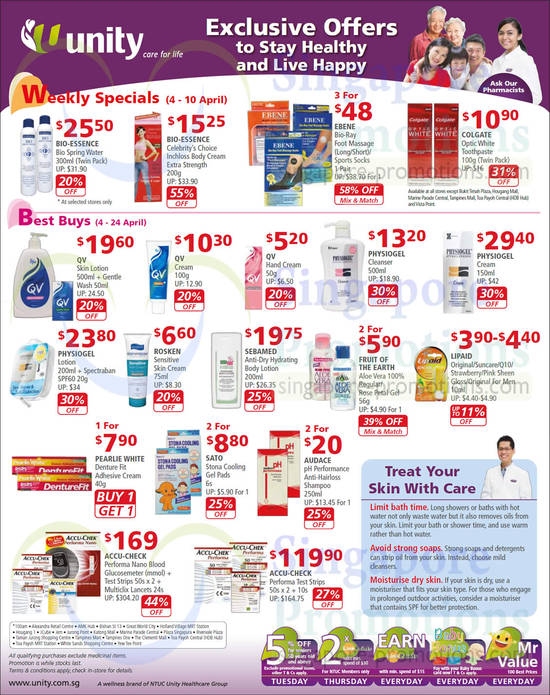 4 Apr Weekly Specials, Best Buys, Skin Care, Health Care, Bio-Essence, Ebene, Physiogel, Sebamed, Rosken, Audace, Accu-Check, Lipaid, Sato