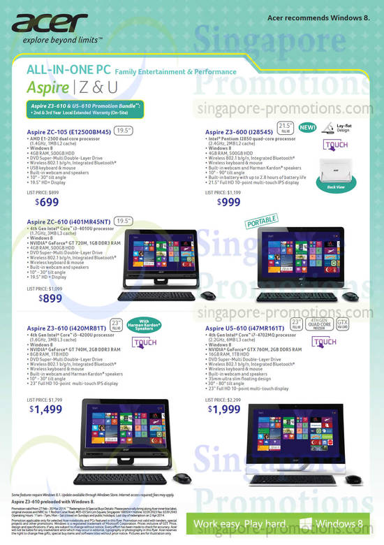 AIO Desktop PCs Aspire ZC-105, ZC-610, Z3-600, Z3-610, U5-610