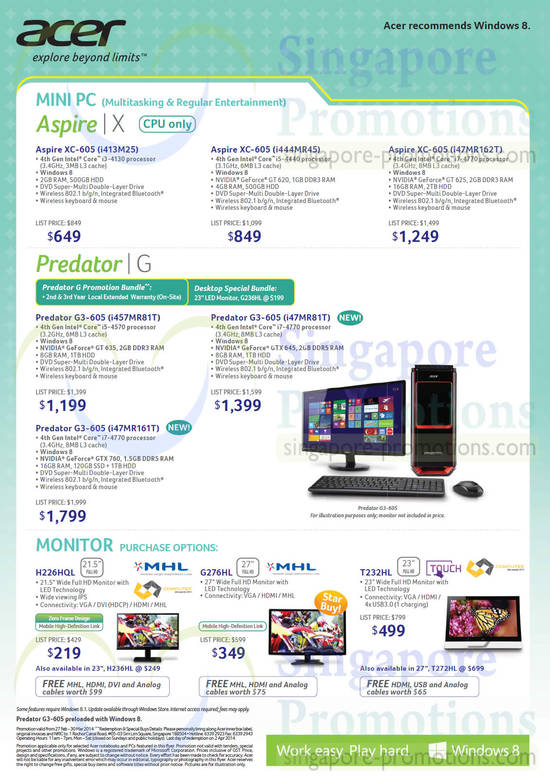 Desktop PCs, Aspire, Predator, Monitors XC-605, G3-605, H226HQL, G276HL, T232HL, H236HL