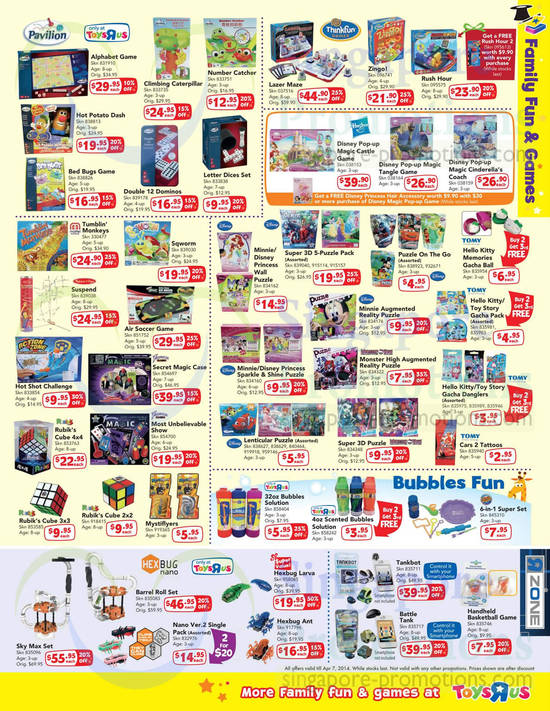 Family Fun n Games, Bubbles Fun, R Zone, Pavilion, Thinkfun, Hexbug Nano, Tomy, Rubik