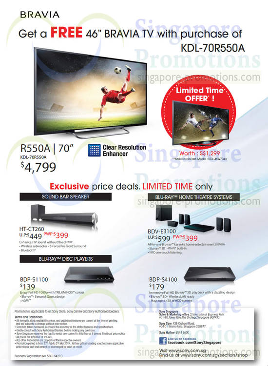 TVs, Sound Bar Speaker, Blu Ray Home Theatre System, Blu Ray disc Players, KDL-70R550A, HT-CT260, BDV-E3100, BDP-S1100, BDP-S4100