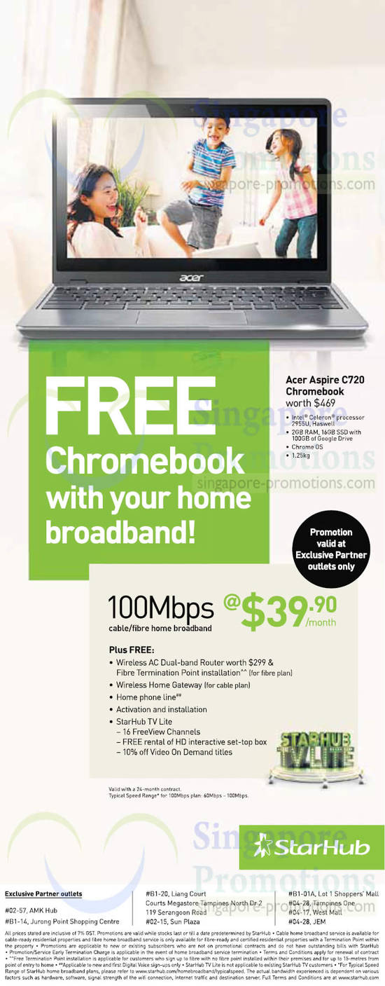 39.90 100Mbps Fibre Home Broadband, Free Acer Aspire C720 Notebook at Partner Outlets