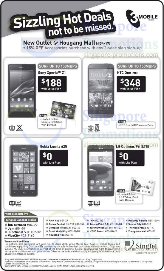 3Mobile Sony Xperia Z1, HTC One M8, Nokia Lumia 625, LG Optimus F6