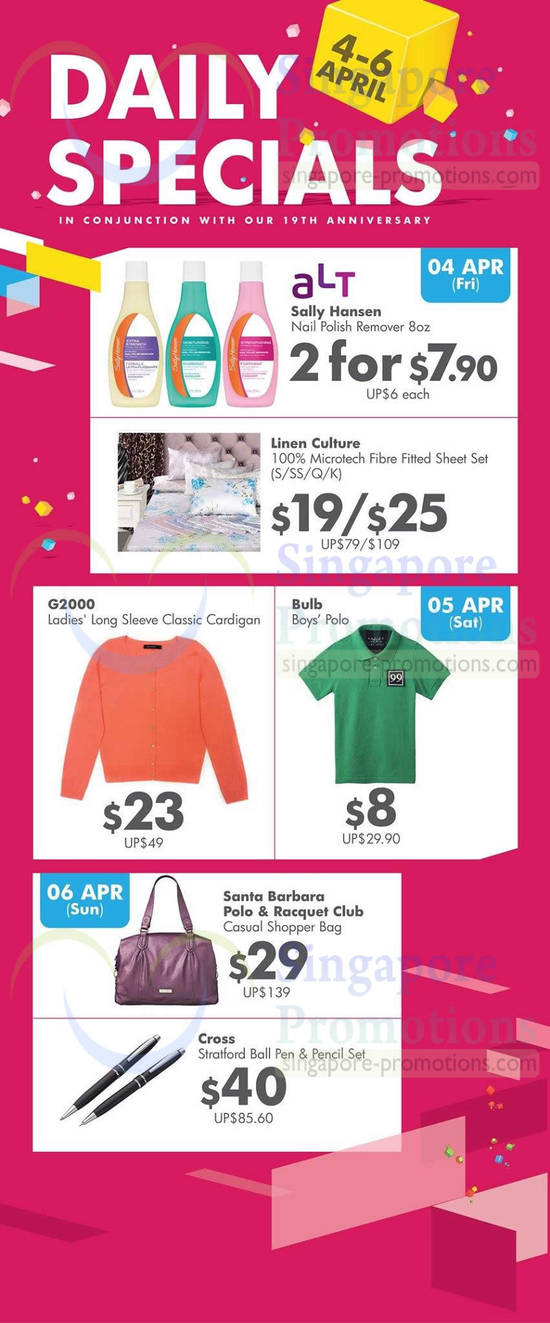 4 Apr Daily Specials ALT, Linen Culture, G2000, Bulb, Santa Barbara, Cross