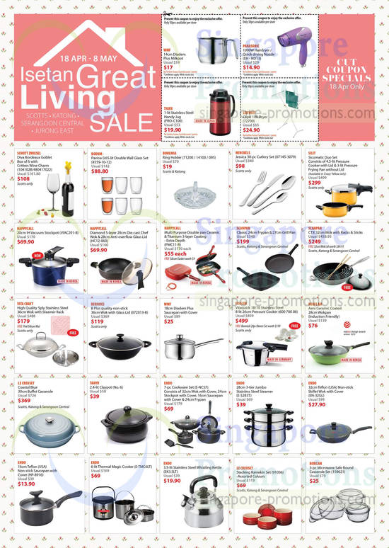 Cookers, Saucepans, Woks, Frypans, Cutleries, Stockpot, Casseroles, Buffet Casseroles, Henckels, Bodum, Happycall, Scanpan, Endo, Vita Craft