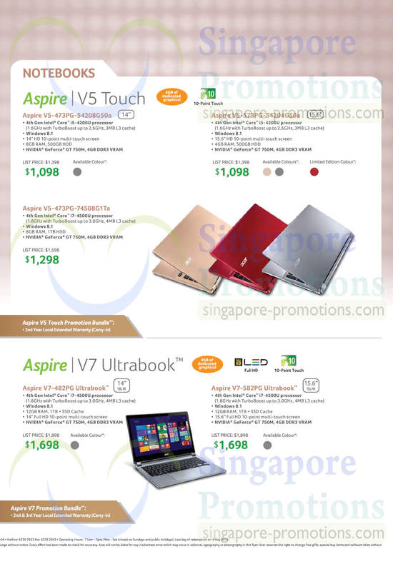 Notebooks Aspire V5, V7, V5-473PG-54208G50a, V5-573PG-54204G50a, V7-482PG, V7-582PG