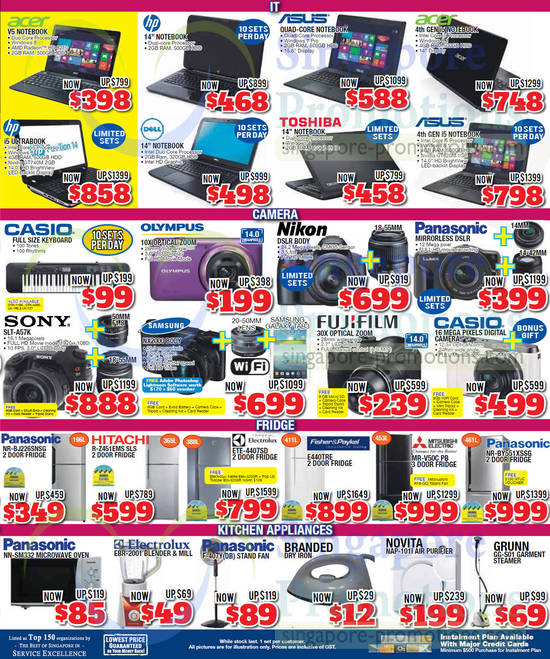 Notebooks, DSLRs, Digital Cameras, Fridges, Ovens, Fans, Air Purifier, Garment Steamer, Sony, Samsung, Panasonic, Hitachi, Electrolux