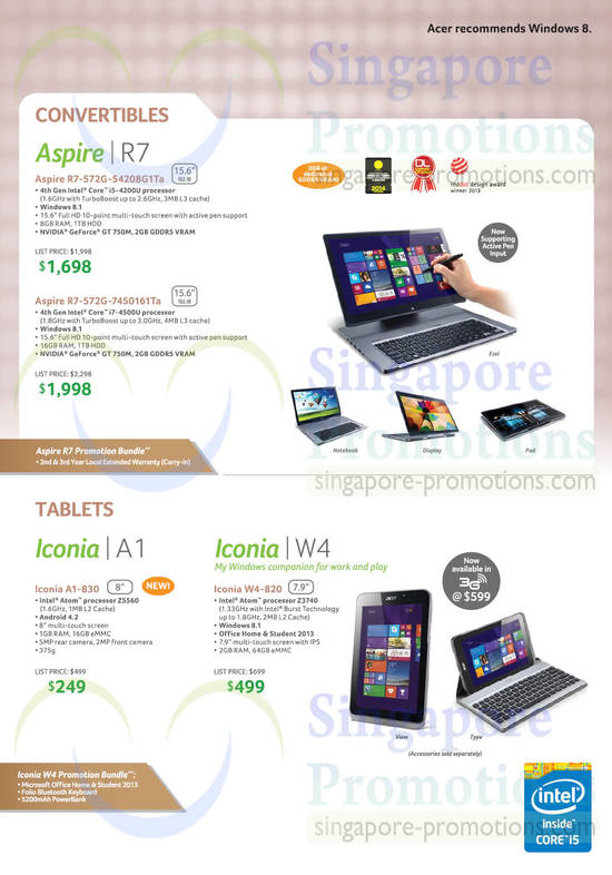 Notebooks, Tablets Aspire R7, Iconia A1, W4, R7-572G-54208G1Ta, R7-572G-7450161Ta, Iconia A1-830, W4-820