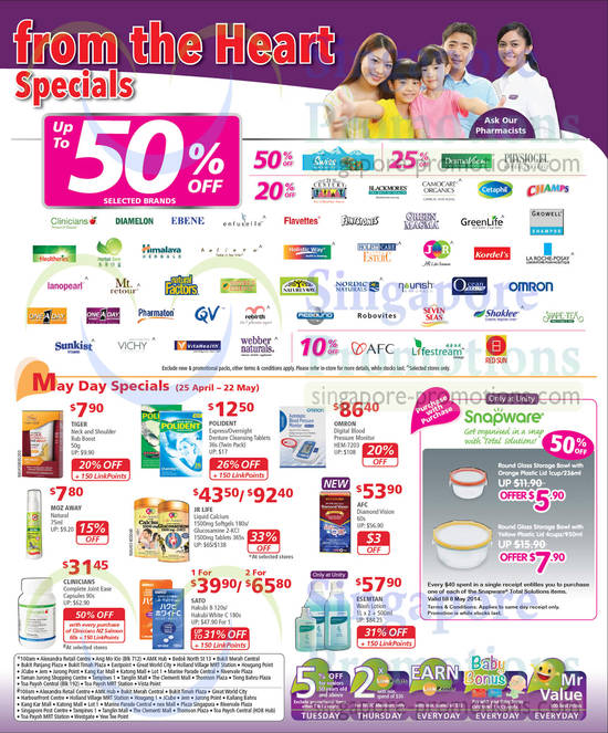 Up To 50 Percent Off Brands, May Day Specials, Omron, JR Life, AFC, Sato, Esemtan, Polident, Tiger, Clinicians, Moz Away