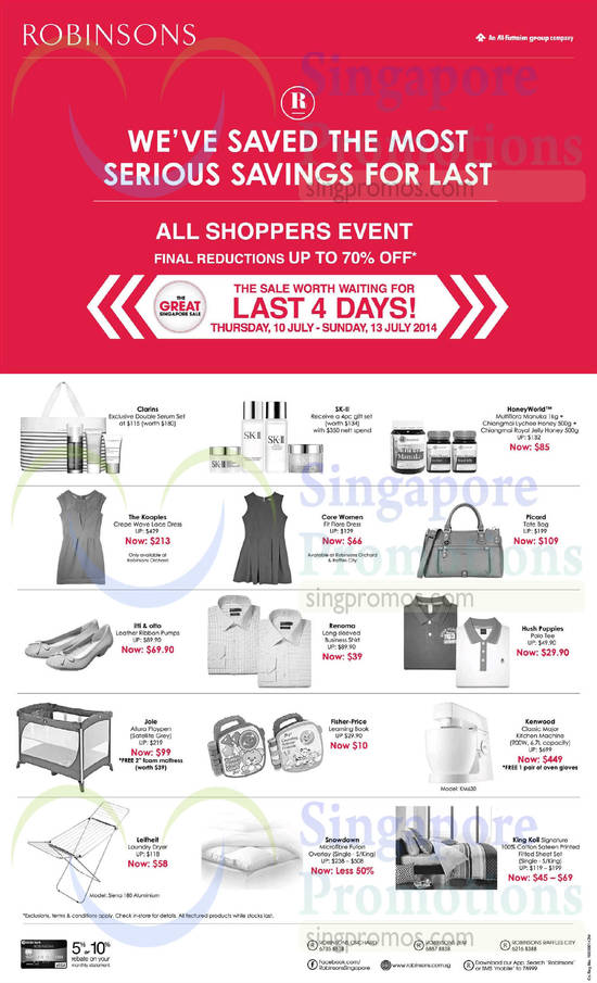 10 Jul Apparel, Bedsheet Set, Kitchen Machine, Baby Cot, SK II, HoneyWorld, Clarins, Kenwood, Fisher Price, Jole