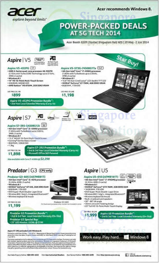 28 May Acer Notebooks, V5, S7, Predator G3, Aspire U5