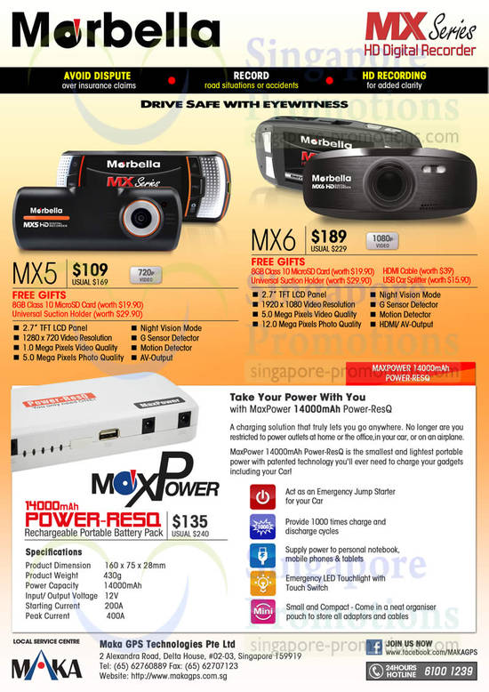 28 May Maka GPS Marbella Car Camcorders MX5, MX6, MaxPower Power Bank