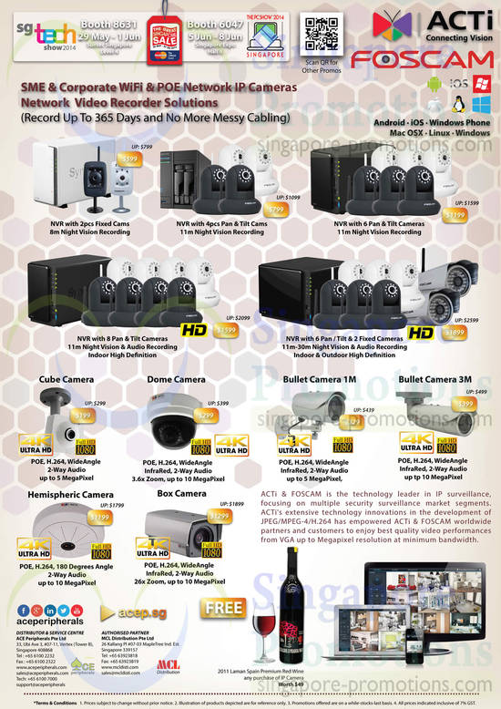 29 May ACE Peripherals ACTI Foscam Wifi, POE Network IP Cameras, Night Vision Recording, Cube, Dome, Bullet, Hemispherix, Box