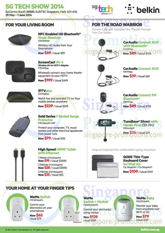 29 May Belkin Accessories Music Receivers, Adapters, Surge Protector, HDMI Cable, Wemo Switch, Baby Monitor, Handsfree