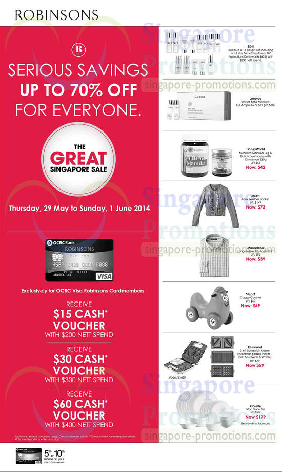 29 May Free Cash Voucher for OCBC Robinsons Cardmembers, Beauty, Apparel, Kitchenware, Corelle, SK II, Honeyworld