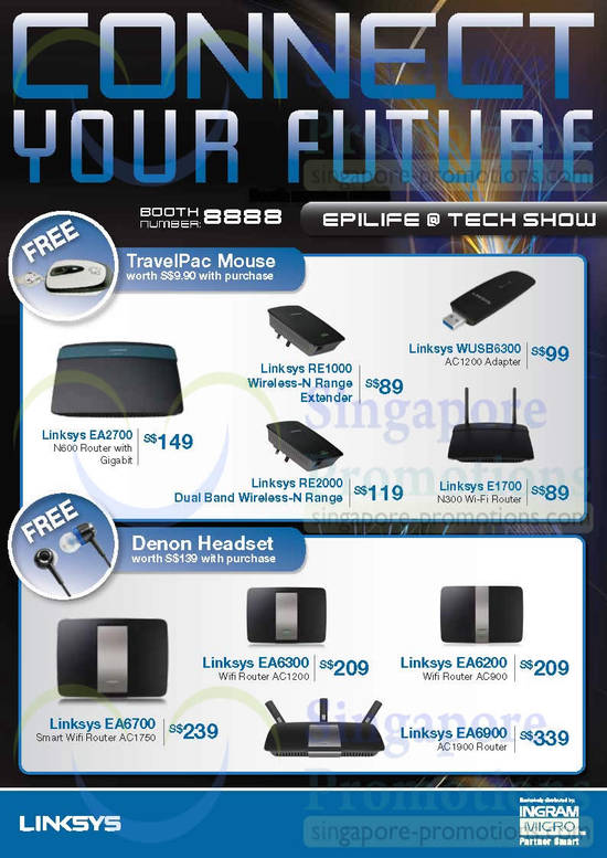 29 May Linksys EpiLife Networking Router, Wireless Extender, TravelPac Mouse, Denon Headsets