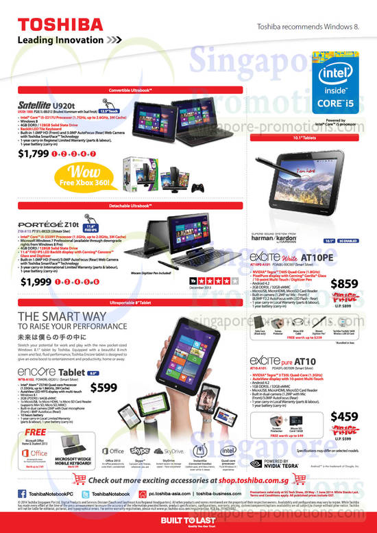 29 May Toshiba Notebooks, Tablets, Satellite U920t, Portege Z10t, Encore, Excite Write AT10PE, Pure AT10