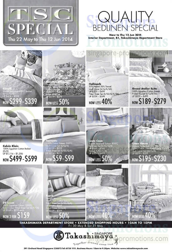 30 May Bedsheet Sets Cavelli, Hallmark, Calvin Klein, Sorrento, Louis Casa, Linen House, Esprit, Serta