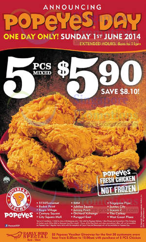 Featured image for (EXPIRED) Popeyes $5.90 5pcs Chicken One Day Promo 1 Jun 2014
